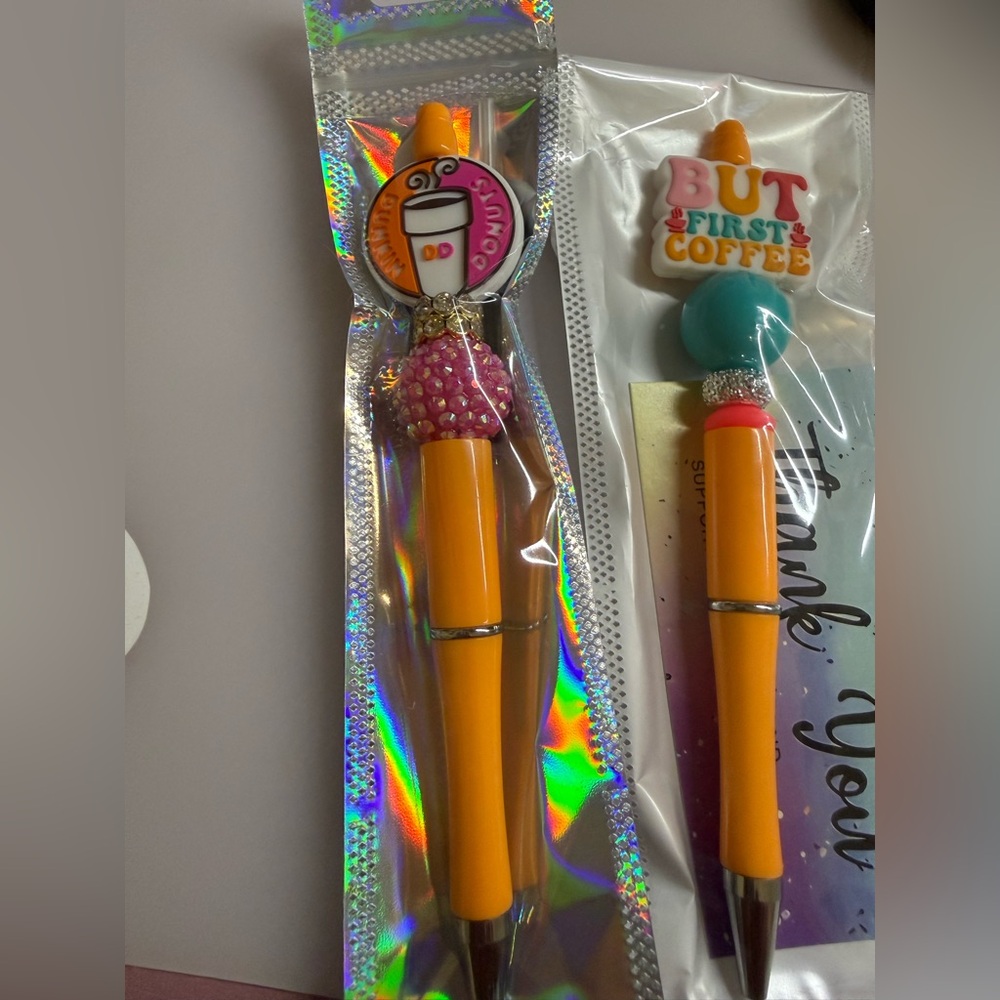 Beaded pen Orange 'But First Coffee' Novelty
